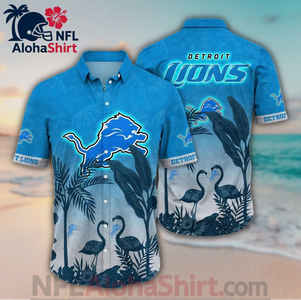 Detroit Lions light blue and navy Hawaiian shirt with flamingos and tropical design