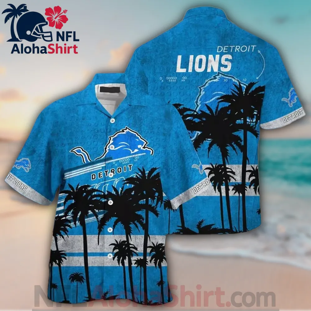 Detroit Lions royal blue and grey striped Hawaiian shirt with playbook patterns and palm trees