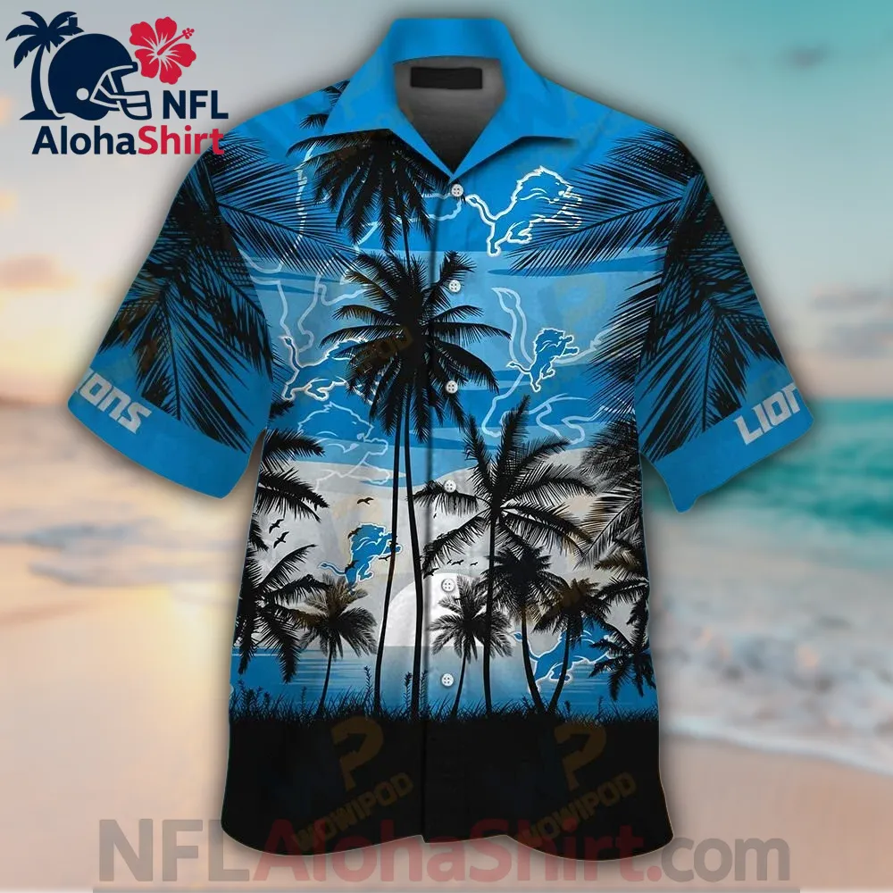Detroit Lions sky blue and black Hawaiian shirt with palm tree silhouette and sunset design