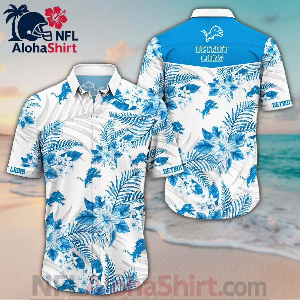 Detroit Lions white and blue floral Hawaiian shirt with tropical design and team logo