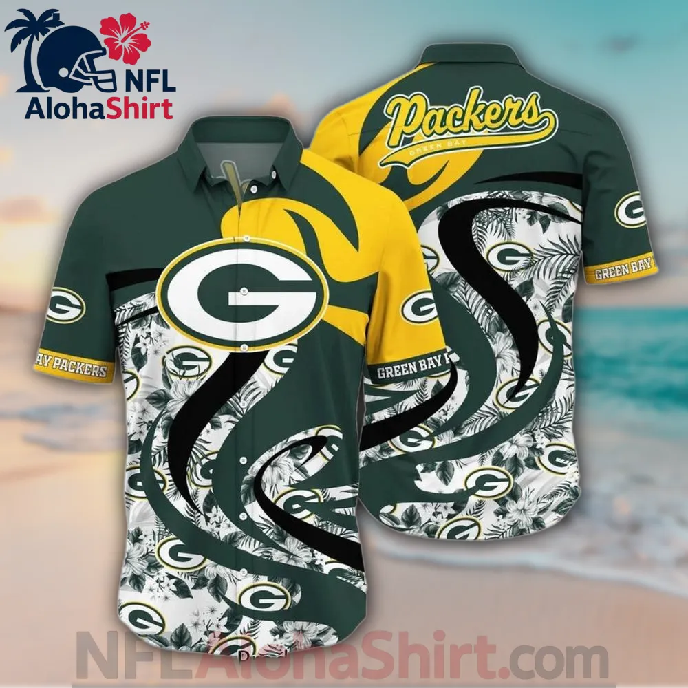 Green Bay Packers green yellow Hawaiian shirt with floral and swirl design