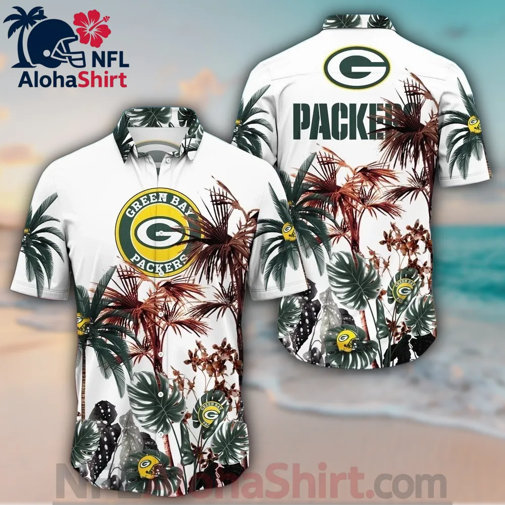 Green Bay Packers white and dark green tropical Hawaiian shirt with palm trees
