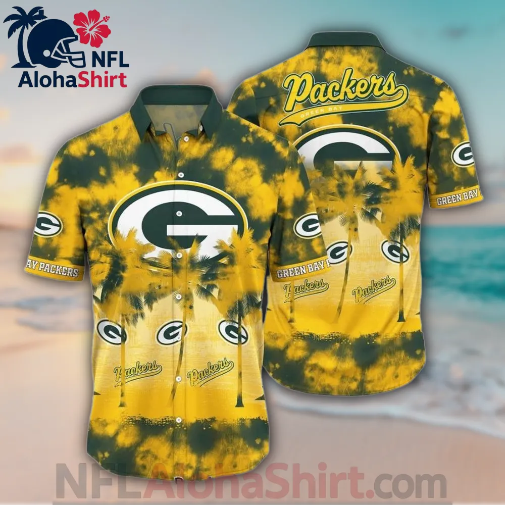 Green Bay Packers yellow green Hawaiian shirt with sunset tie-dye and palm tree print