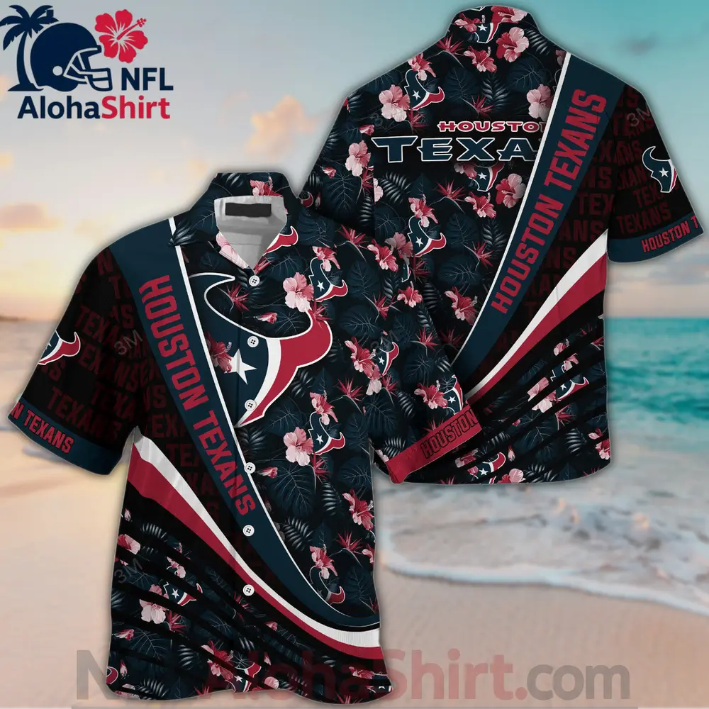 Houston Texans Hawaiian Shirt with deep navy background, red hibiscus floral pattern, and official-inspired NFL logo design
