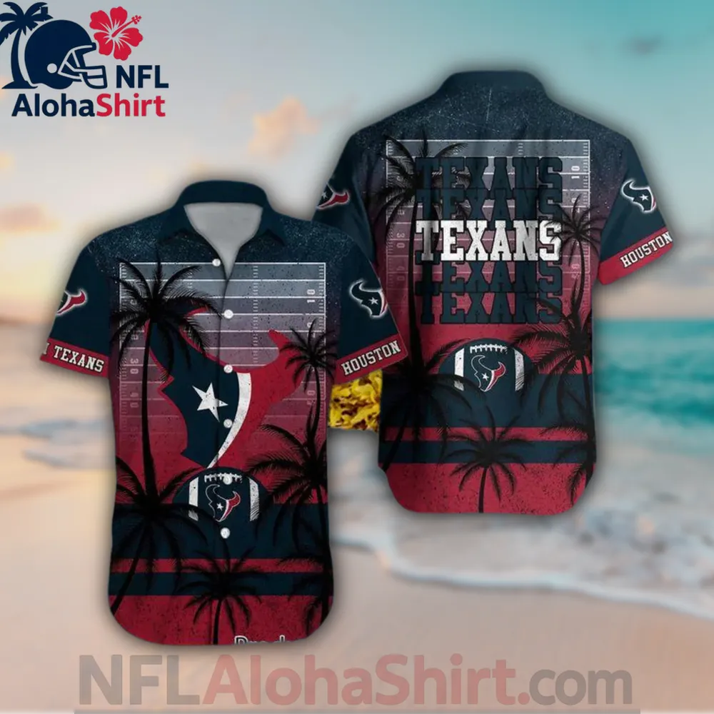 ouston Texans Hawaiian shirt with sunset red navy fade, palm trees, and team logos