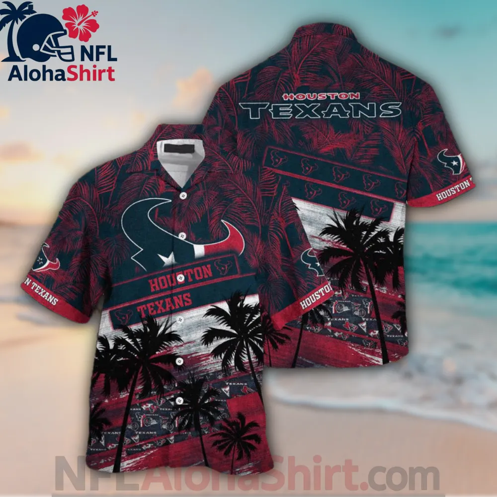 Houston Texans Hawaiian shirt with red and navy grunge texture, palm trees, and team logo