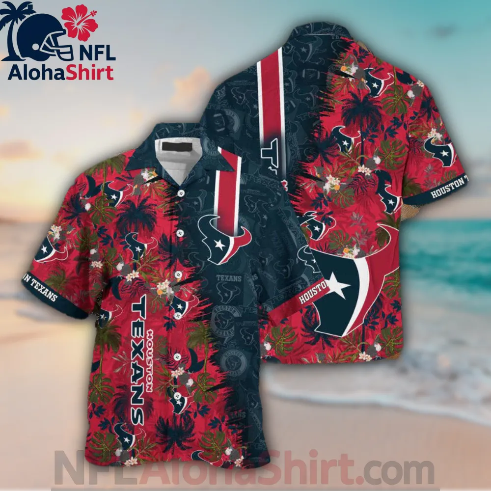 Houston Texans Hawaiian shirt in red and navy with tropical flowers and large team logos