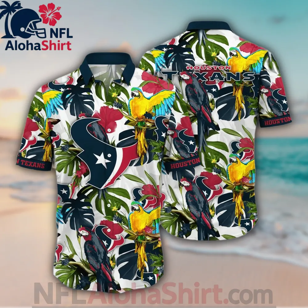 Houston Texans Hawaiian shirt with white background, navy collar, parrots, and tropical floral design