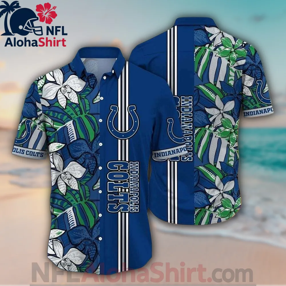 Indianapolis Colts Hawaiian shirt with floral and stripe split design in blue and green