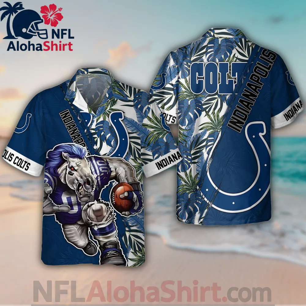 Indianapolis Colts Hawaiian shirt with beast mascot, palm leaves, and navy white color scheme