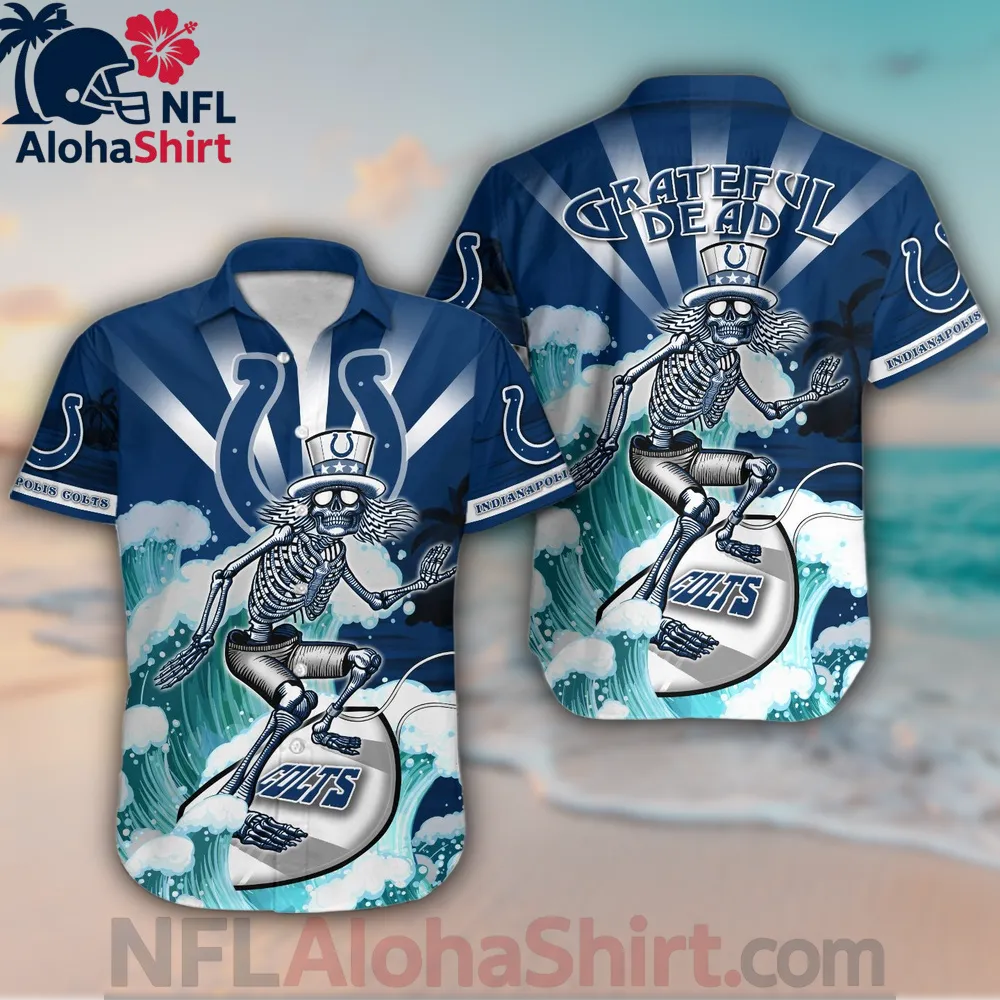Indianapolis Colts Hawaiian shirt with navy white skeleton surfing design and Grateful Dead theme