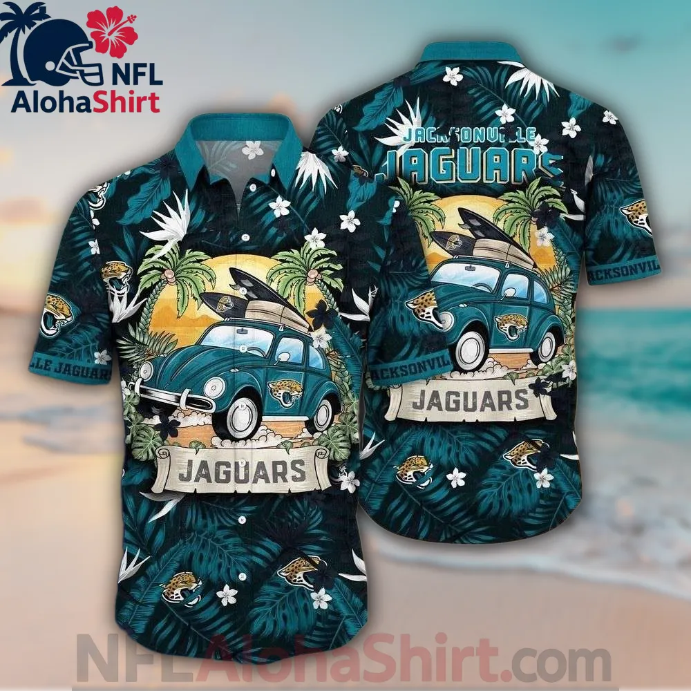 Jacksonville Jaguars Hawaiian shirt featuring vintage car, tropical leaves, and sunset design