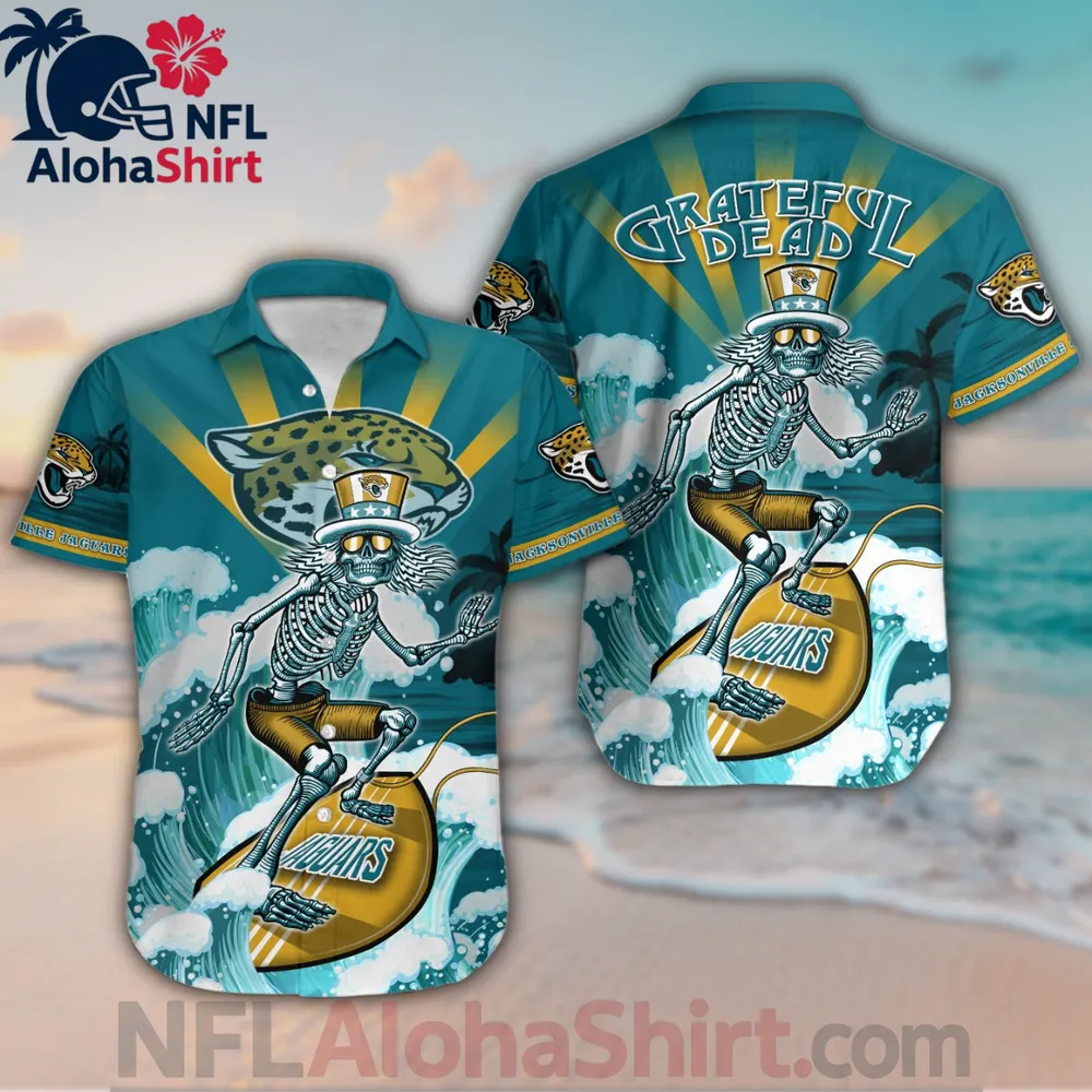 Jacksonville Jaguars Hawaiian shirt in teal and gold with skeleton surfer and Grateful Dead theme