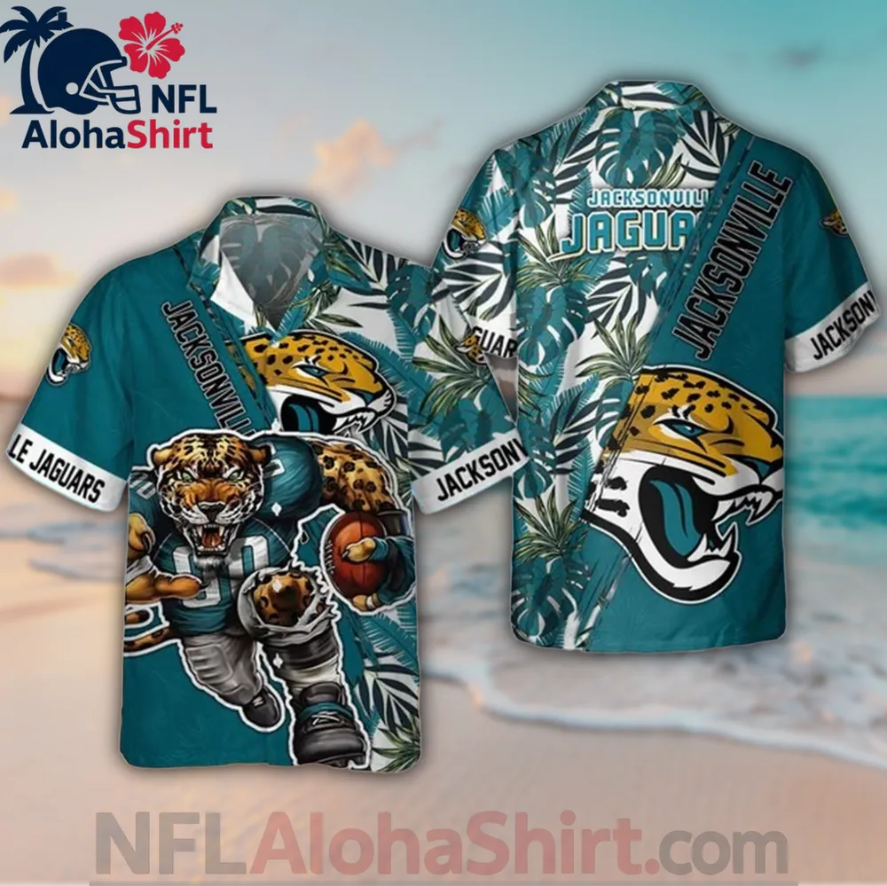 Jacksonville Jaguars Hawaiian shirt in teal and white with mascot and tropical foliage