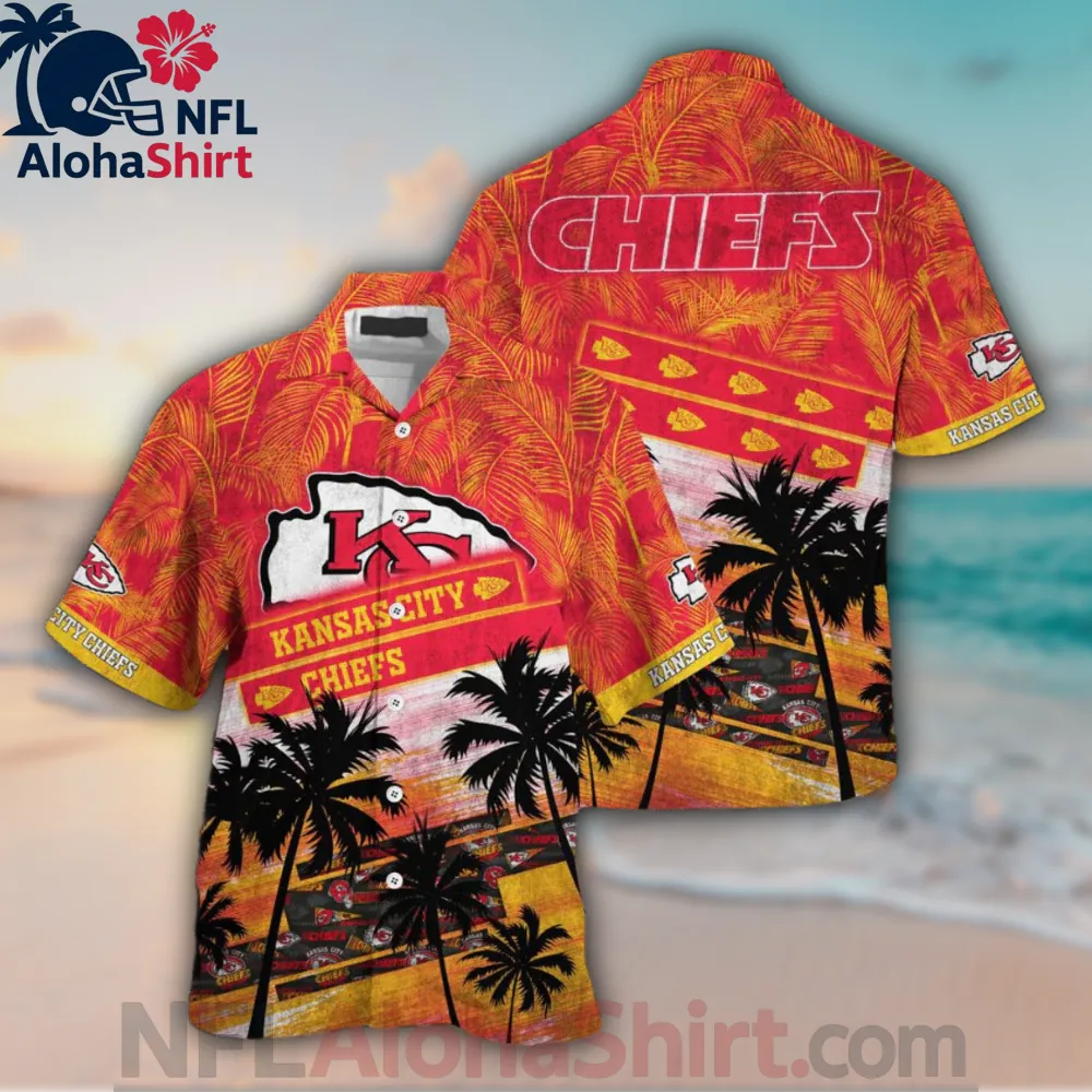 Kansas City Chiefs red yellow tropical palm tree Hawaiian shirt