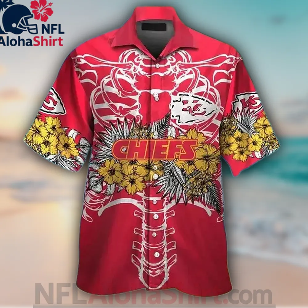 Kansas City Chiefs red and yellow skeleton floral Hawaiian shirt