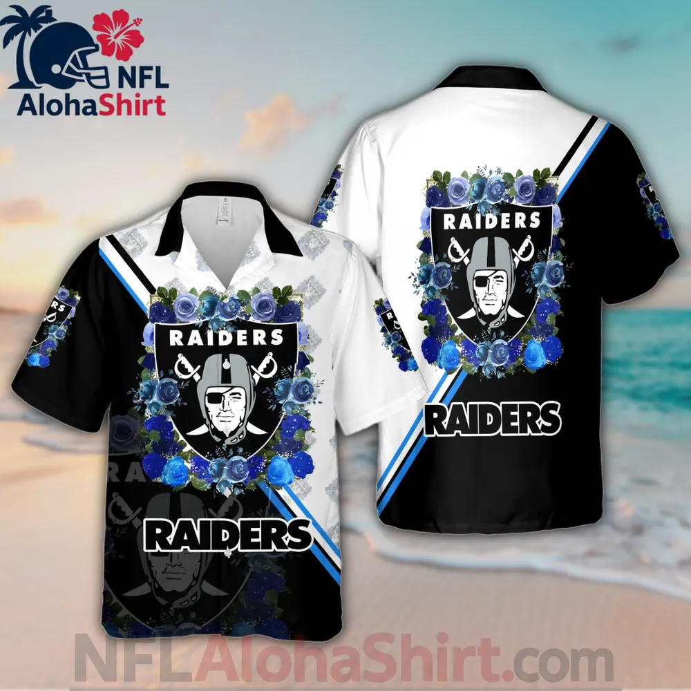 Las Vegas Raiders black and white Hawaiian shirt with blue floral design