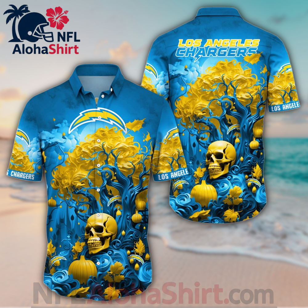 Los Angeles Chargers Halloween skull and pumpkin Hawaiian shirt in blue and gold