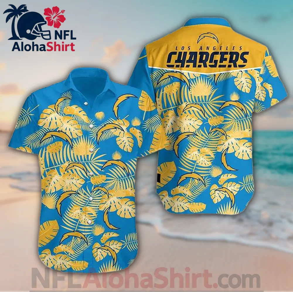 Los Angeles Chargers Hawaiian shirt with blue background and yellow palm leaf pattern