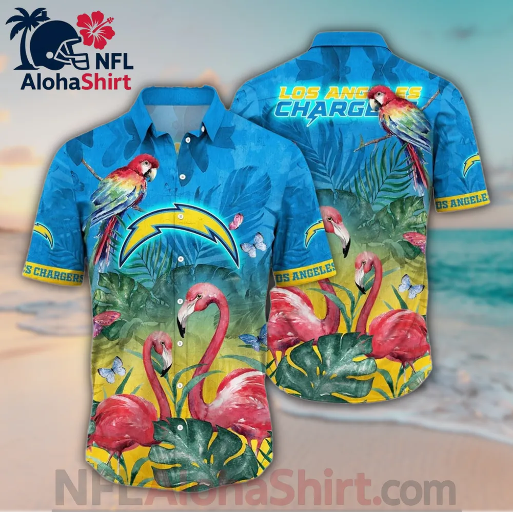 Los Angeles Chargers blue yellow Hawaiian shirt with parrots and flamingos