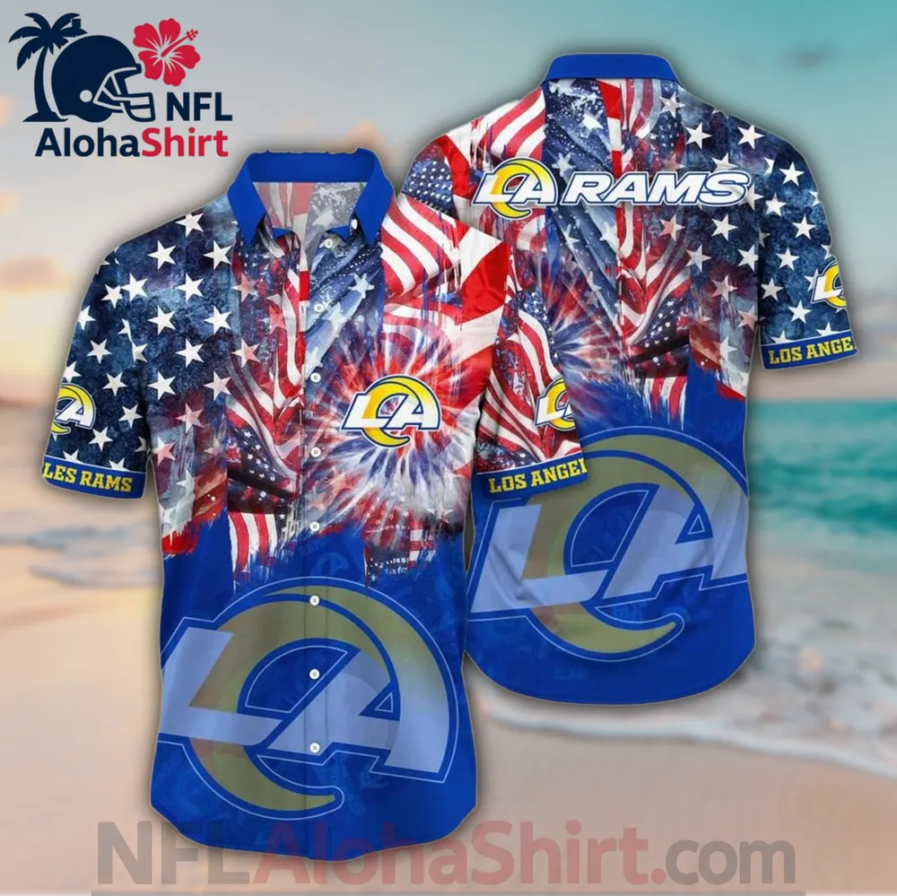 Los Angeles Rams blue red American flag Hawaiian shirt with fireworks