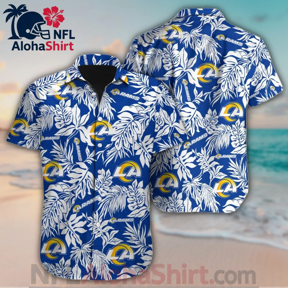 Los Angeles Rams blue white tropical leaf Hawaiian shirt with logos