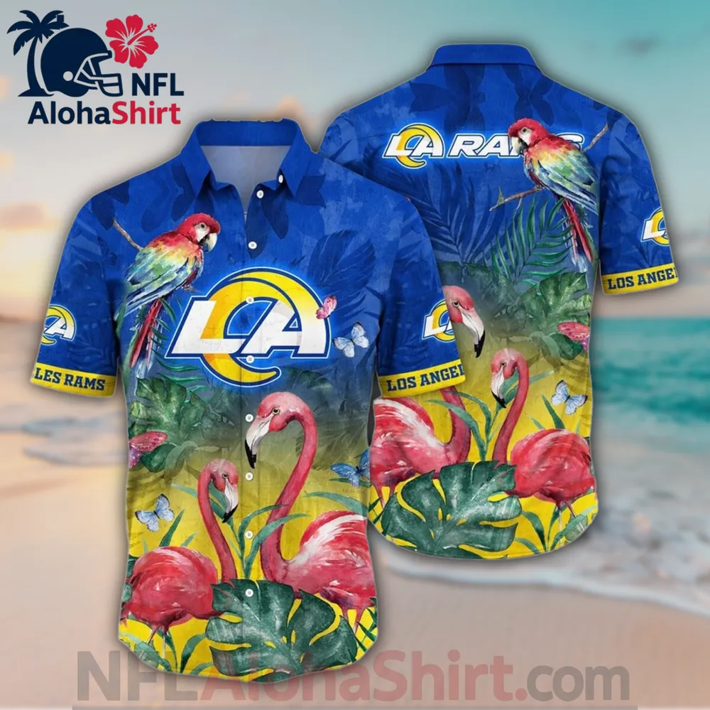 Los Angeles Rams blue yellow flamingo tropical Hawaiian shirt with parrots and monstera leaves