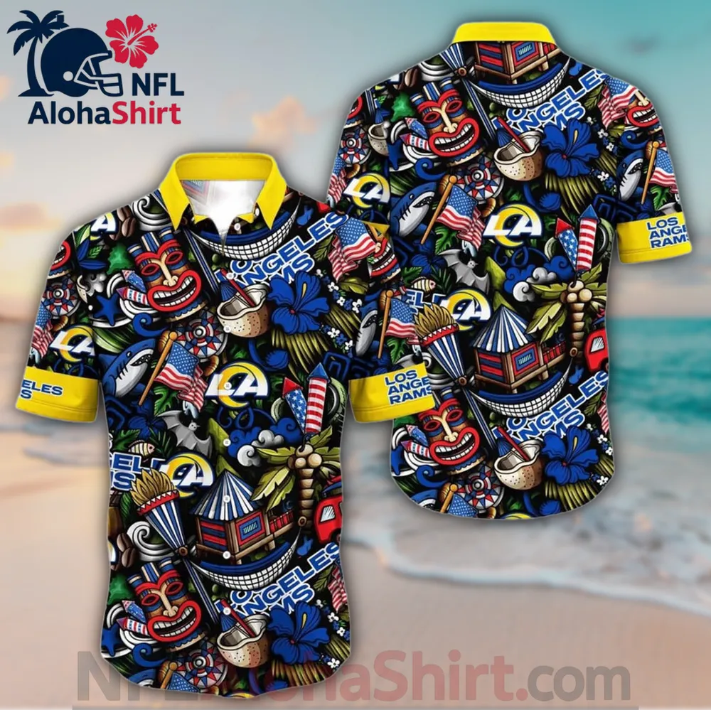 Los Angeles Rams navy yellow tiki collage Hawaiian shirt with tribal patterns and Rams logos