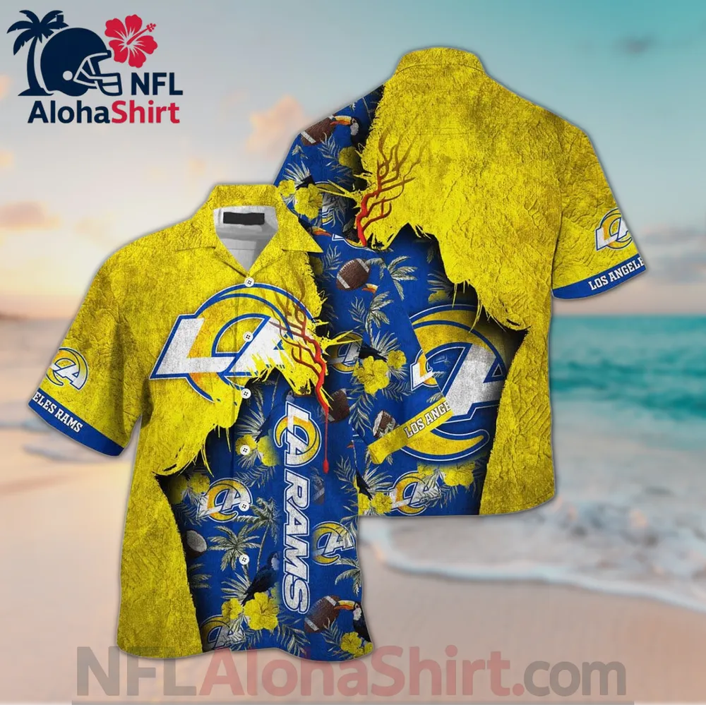 Los Angeles Rams Hawaiian shirt in royal blue and yellow flame design