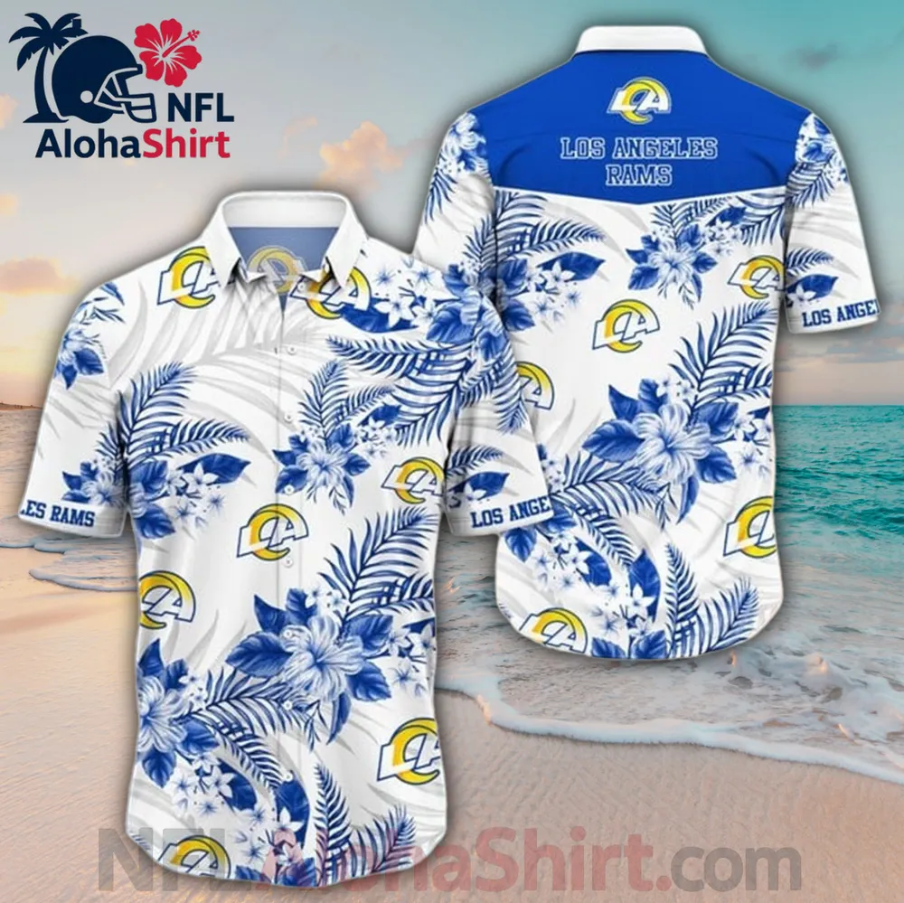 Los Angeles Rams white blue floral Hawaiian shirt with team logos and tropical leaves