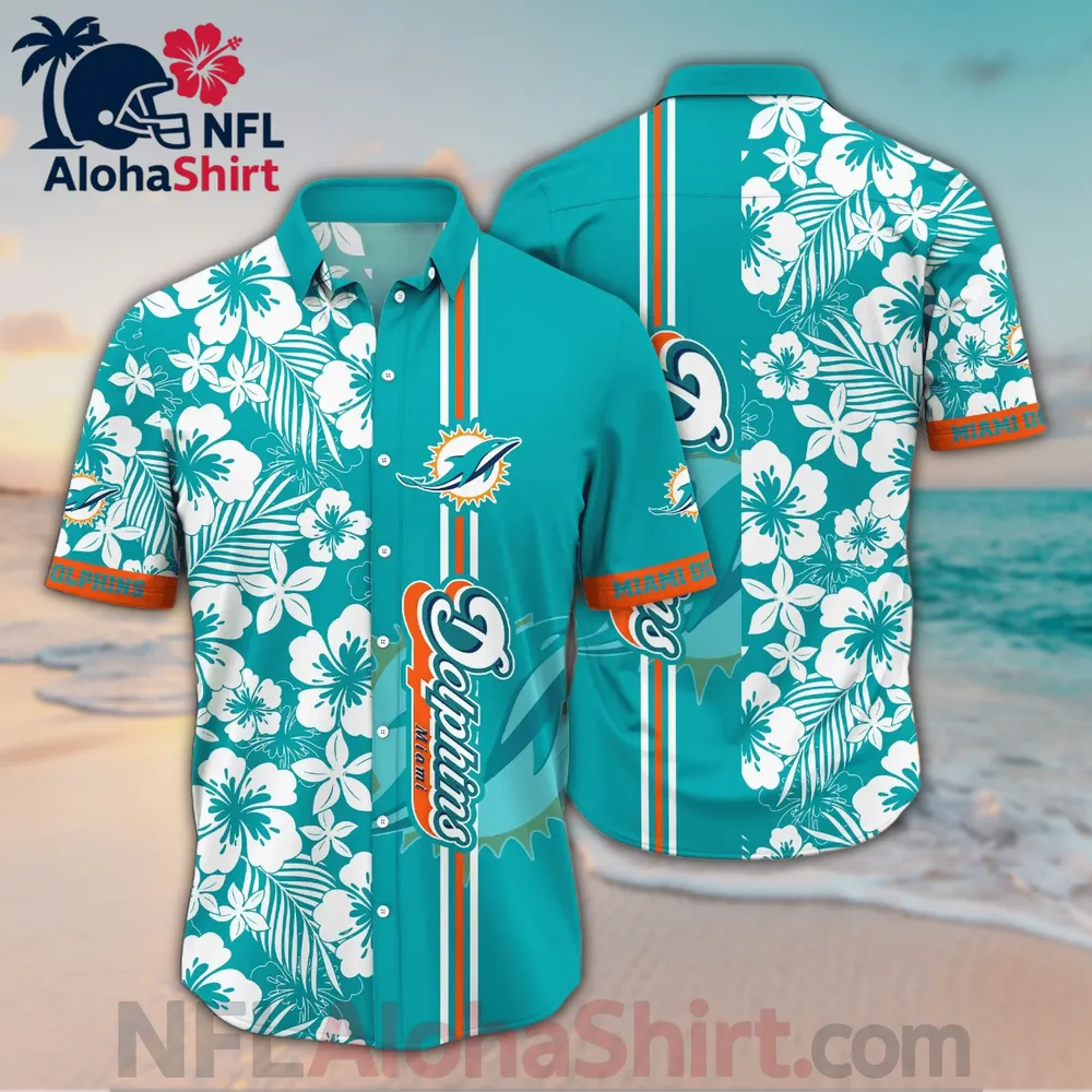 Miami Dolphins Hawaiian shirt with aqua base, white hibiscus flowers, and striped logo design