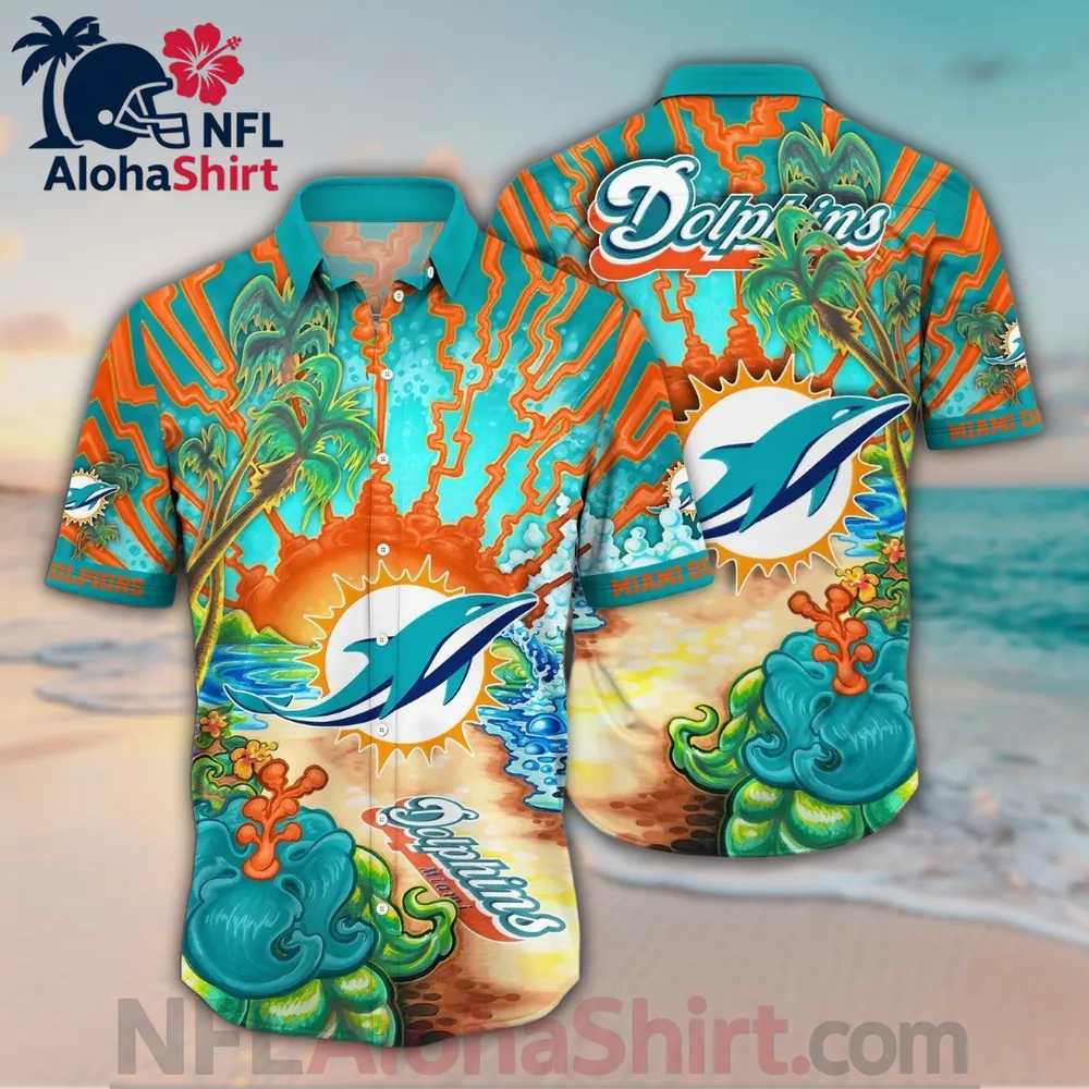 Miami Dolphins Hawaiian shirt with orange sunset, palm trees, and ocean wave design