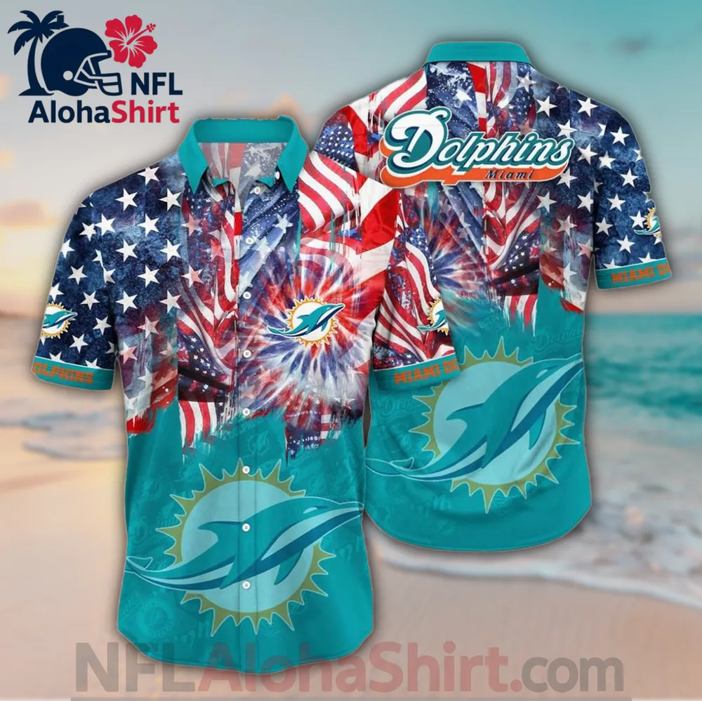Miami Dolphins Hawaiian shirt with red and aqua fireworks and American flag background