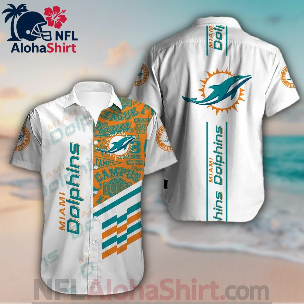 Miami Dolphins Hawaiian shirt with white and orange college-style design and vertical team logo