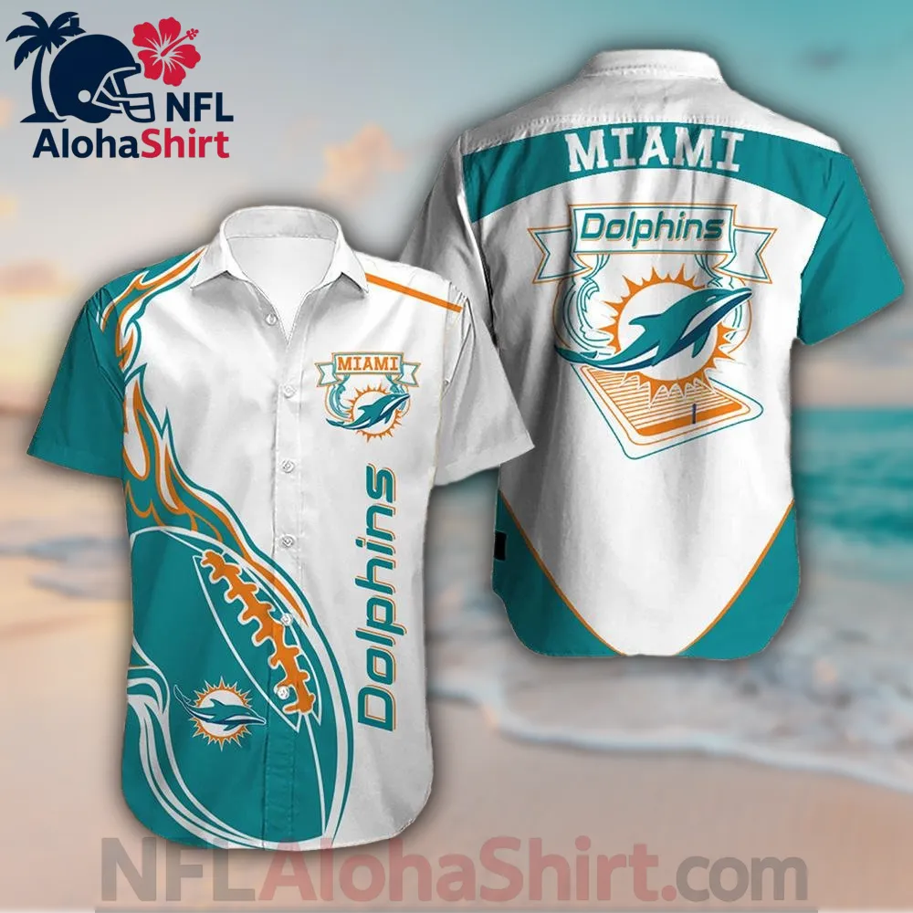 Miami Dolphins Hawaiian shirt with white and teal color block, large logo and vertical text