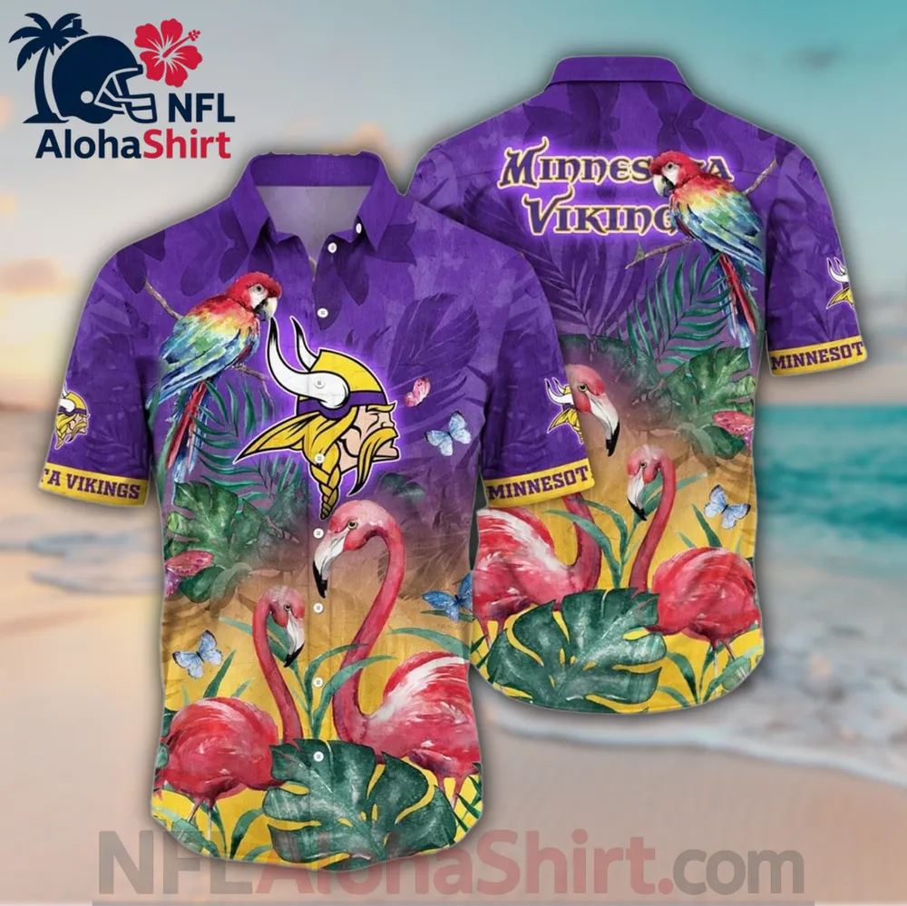 Minnesota Vikings purple yellow flamingo parrot Hawaiian shirt with tropical print
