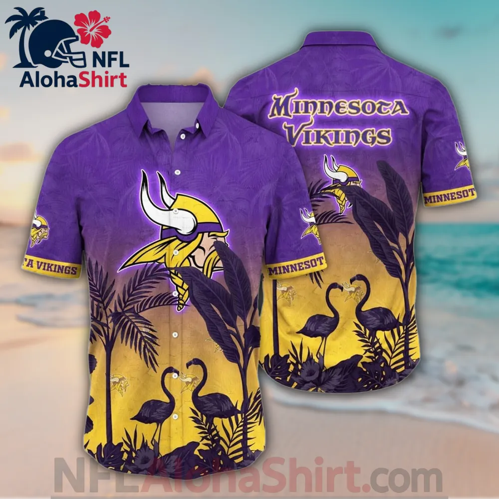 Minnesota Vikings purple yellow flamingo Hawaiian shirt with palm and logo design