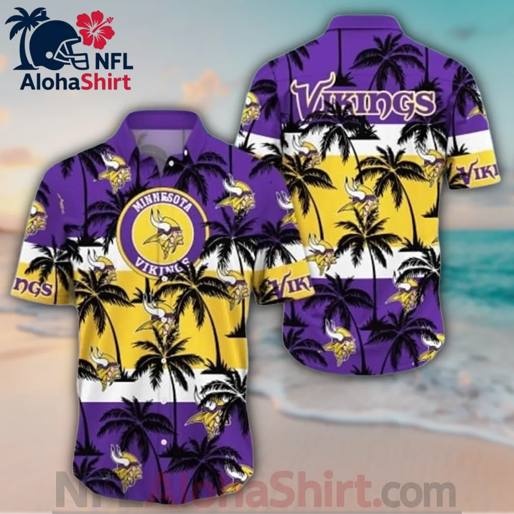 Minnesota Vikings purple yellow stripe palm tree Hawaiian shirt with bold logo