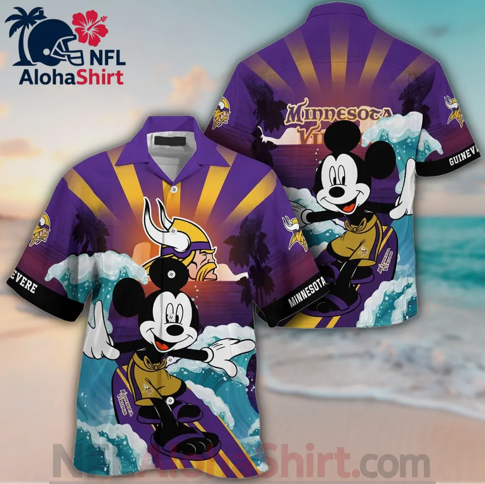 Minnesota Vikings purple yellow Mickey surf Hawaiian shirt with sunset and wave design