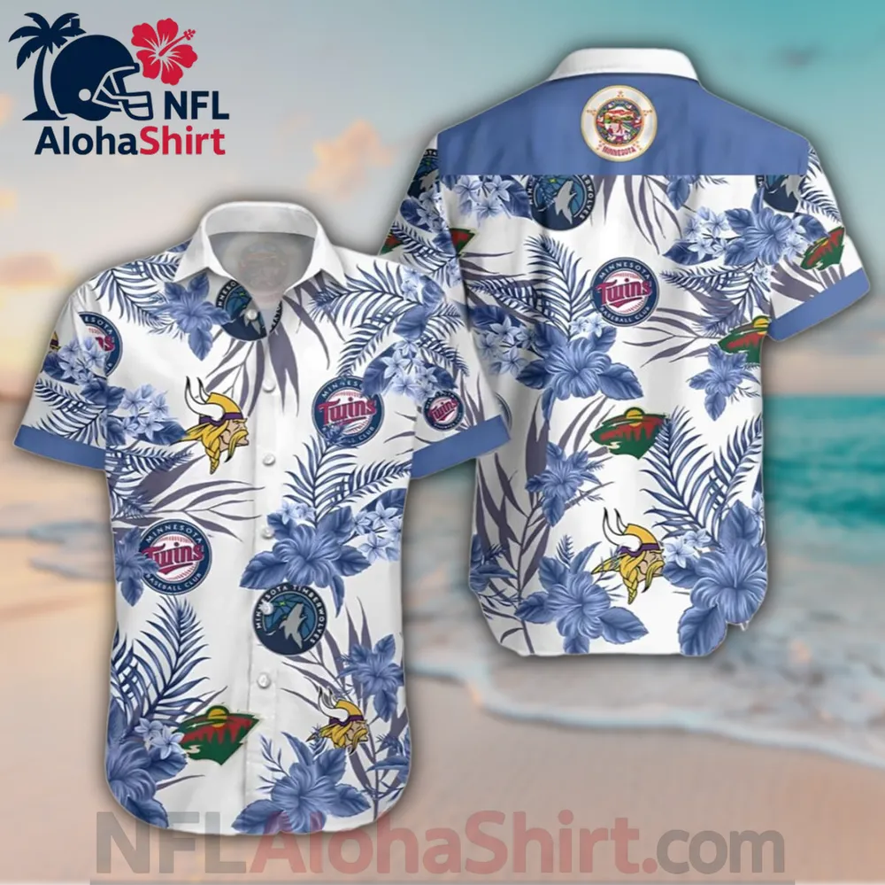 Minnesota Vikings white blue floral Hawaiian shirt with multiple sports logos