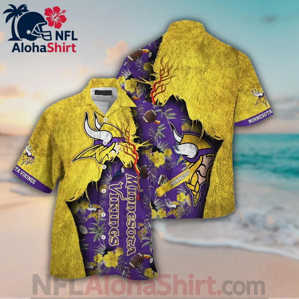 Minnesota Vikings yellow purple grunge floral Hawaiian shirt with torn split design