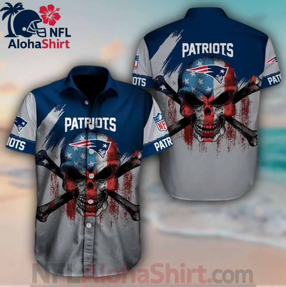 New England Patriots Hawaiian shirt with navy grey skull and crossbones graphic