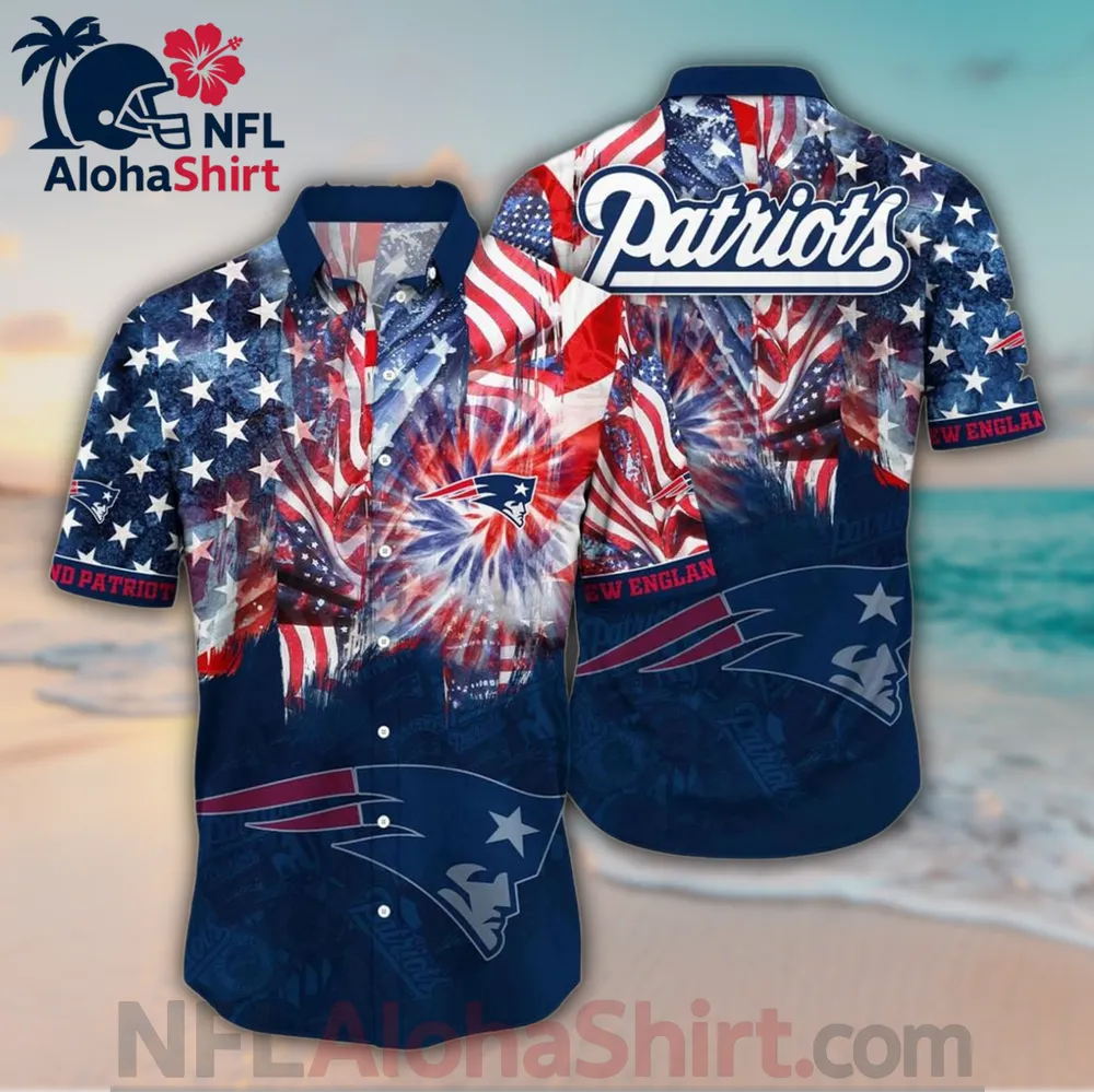 New England Patriots Hawaiian shirt with fireworks, navy red background, and American flag