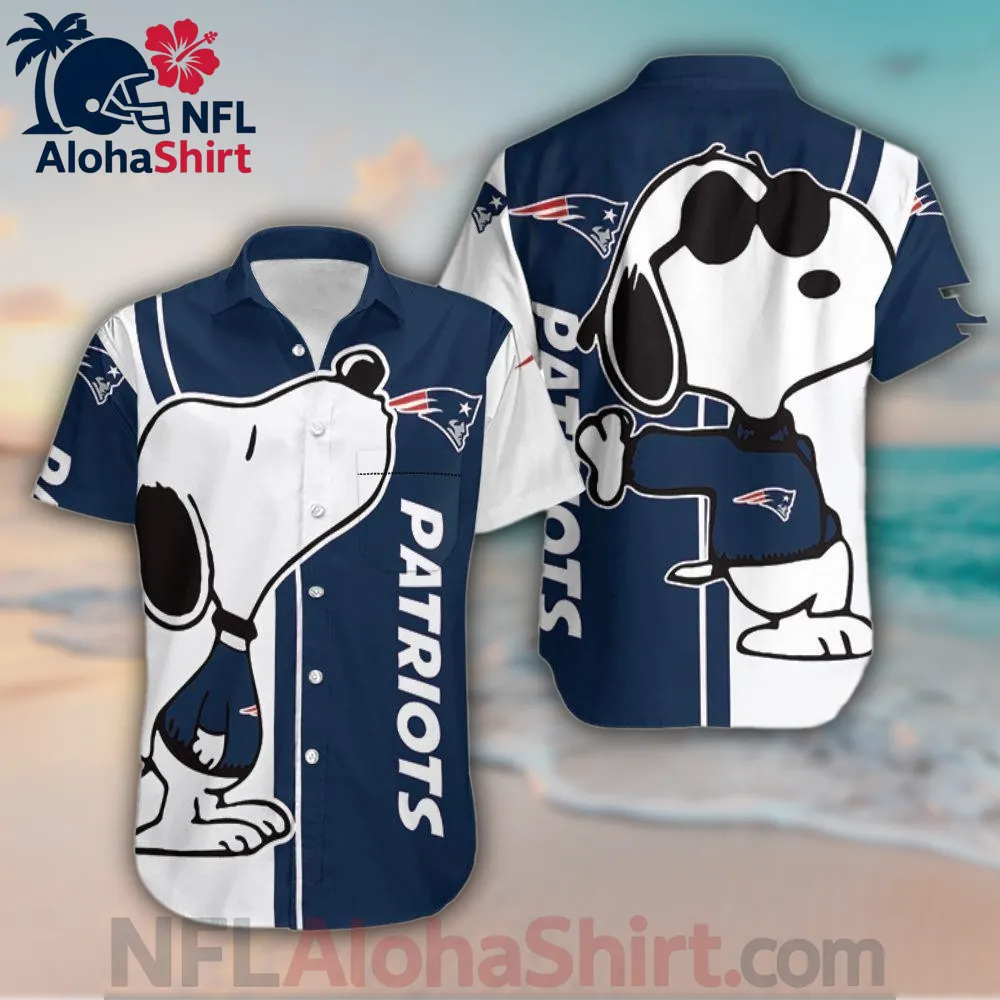 New England Patriots Hawaiian shirt with Snoopy cartoon character and navy white color block