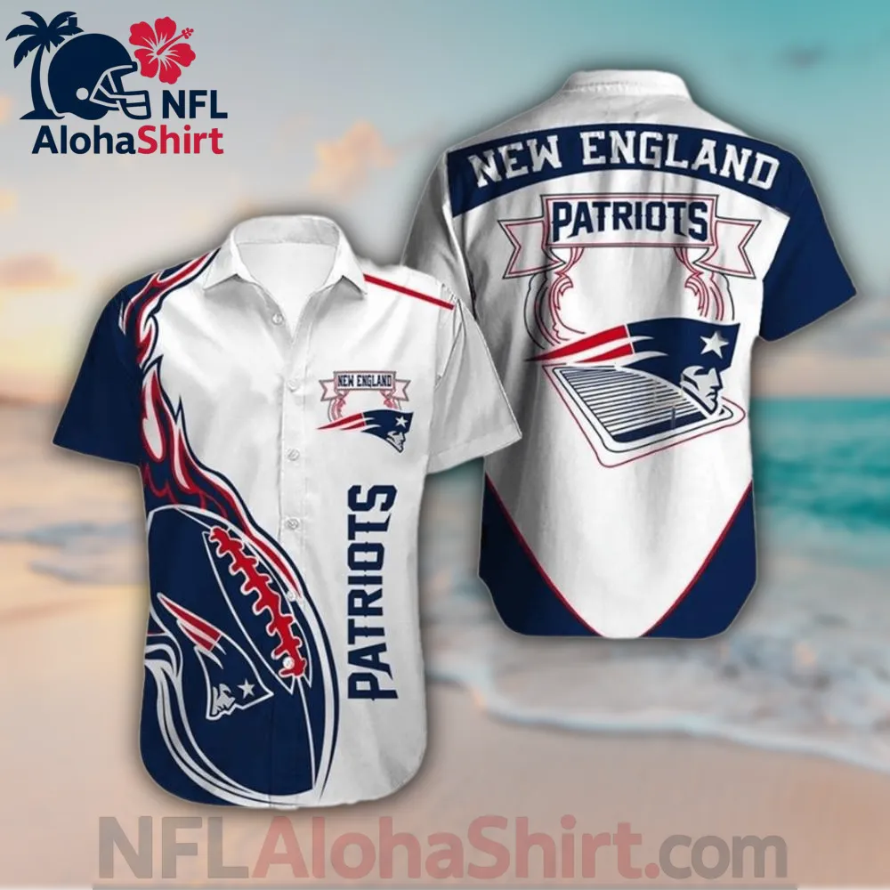 New England Patriots Hawaiian shirt with white and navy flame football panel design