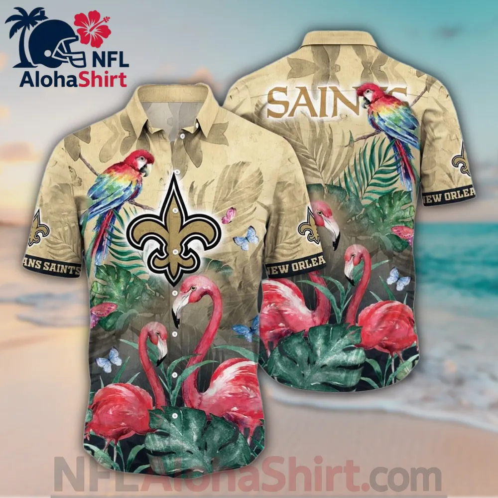 New Orleans Saints beige olive flamingo parrot Hawaiian shirt with logo