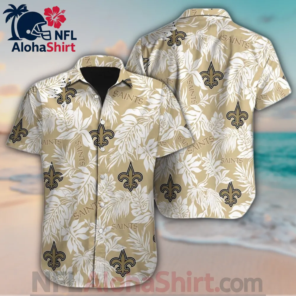 New Orleans Saints beige white monstera Hawaiian shirt with fleur-de-lis