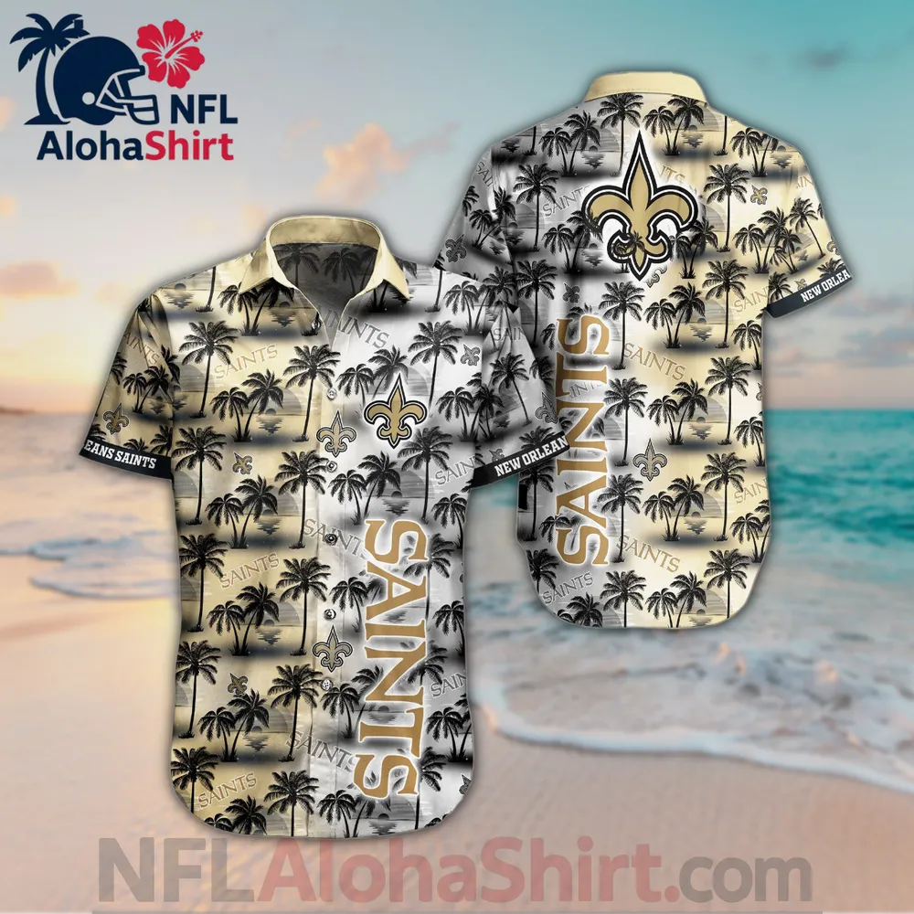 New Orleans Saints black cream palm tree Hawaiian shirt with sunset gradient