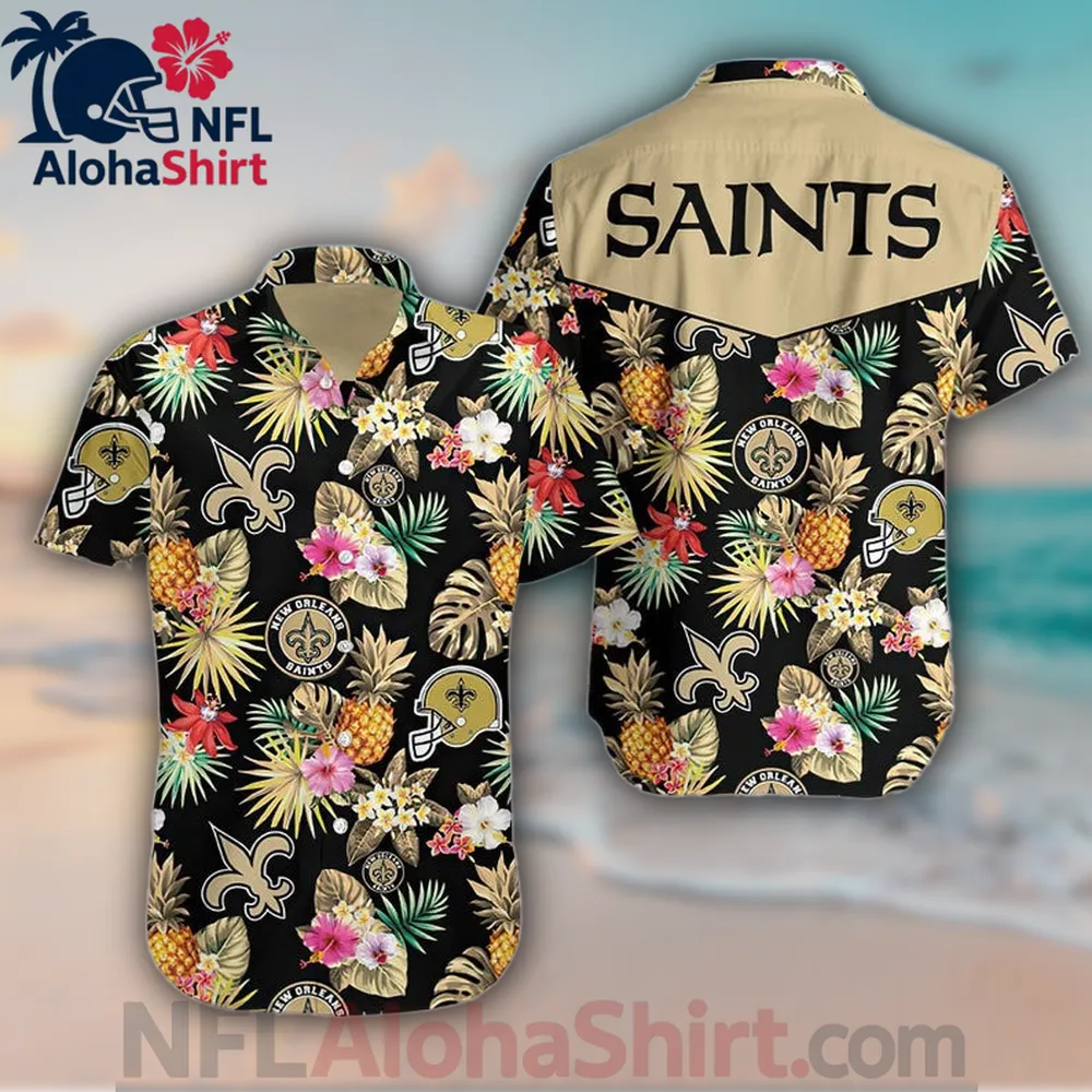 New Orleans Saints black tan pineapple floral Hawaiian shirt