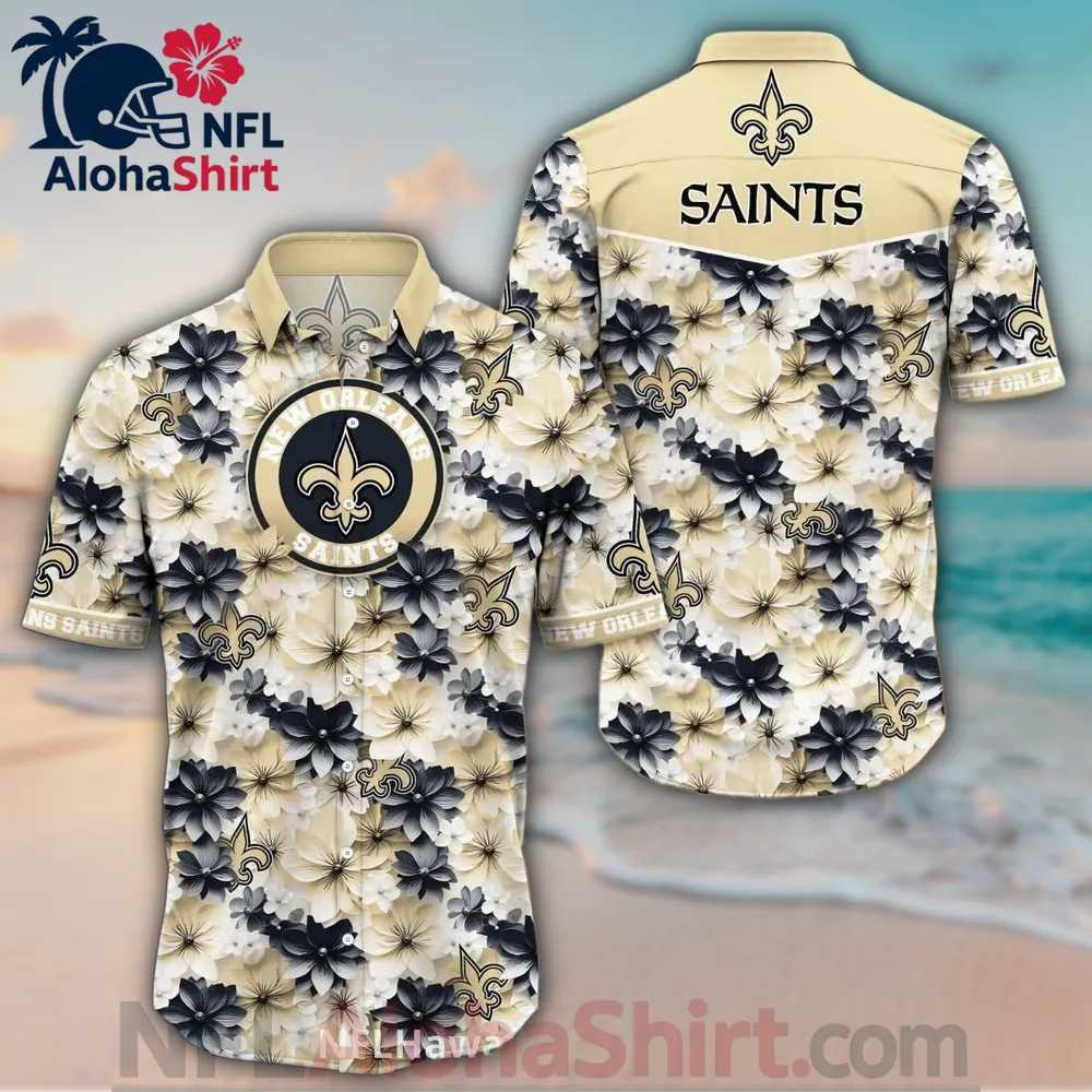 New Orleans Saints cream black floral crest Hawaiian shirt